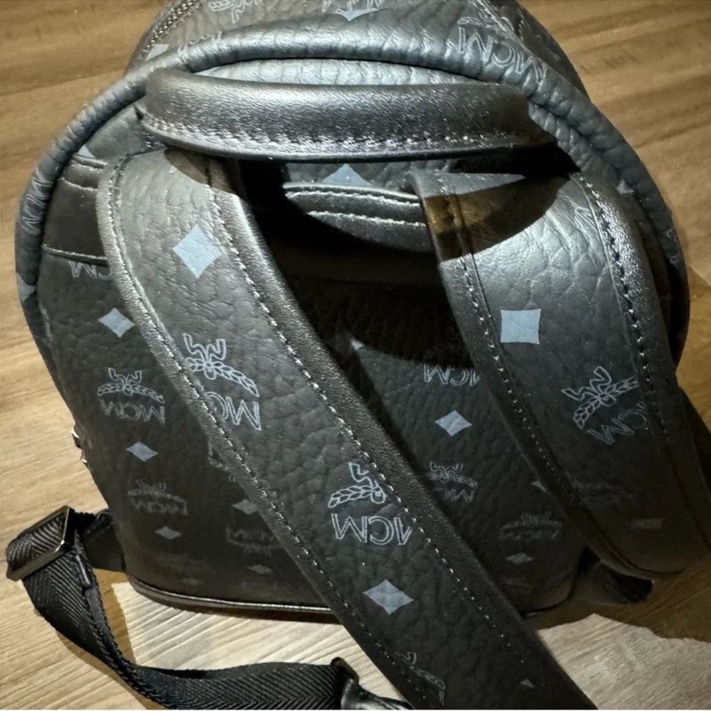 MCM Stark Monogram Logo Black Visetos Canvas Leather Small Studded Backpack